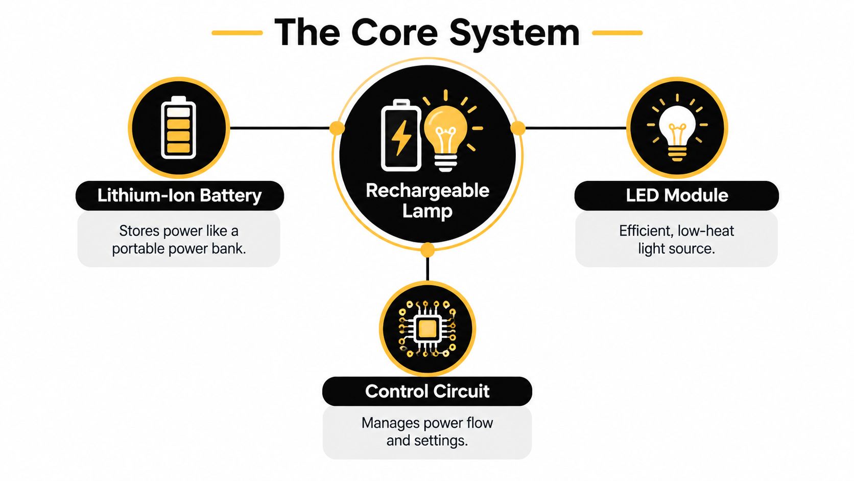 A diagram illustrating the core components of a rechargeable lamp, including battery, LED, and control circuit.