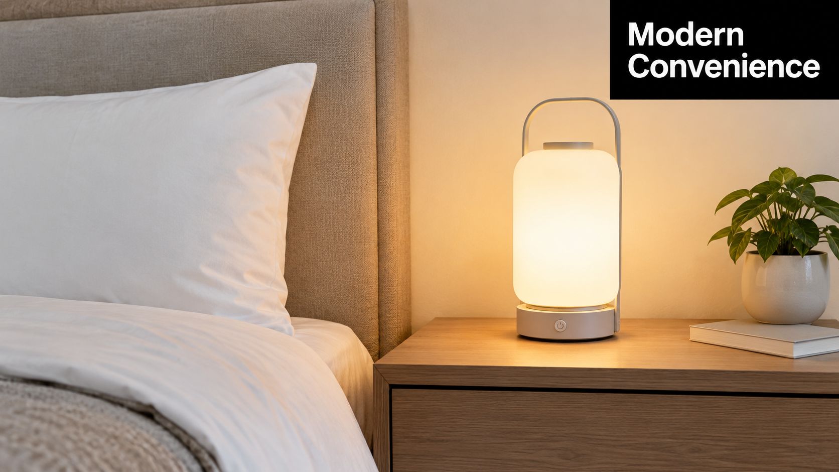 A modern rechargeable bedside lamp glowing softly on a wooden nightstand next to a comfortable bed.