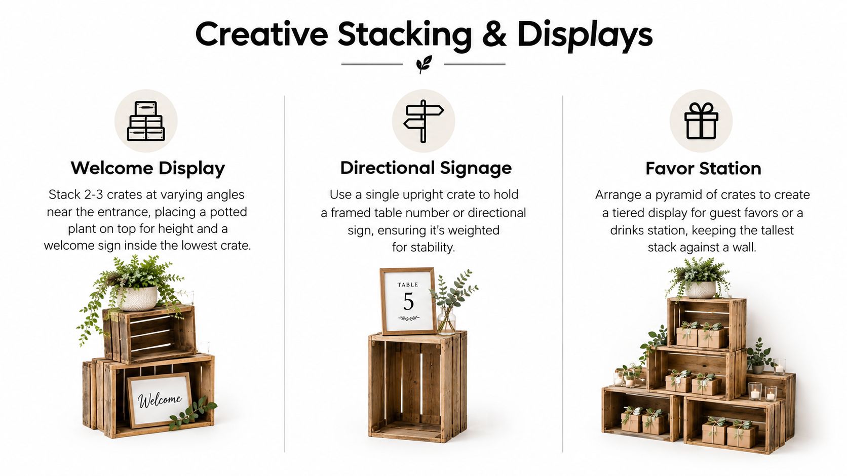 An infographic showing creative ways to stack small wooden crates for event displays and wedding decorations.