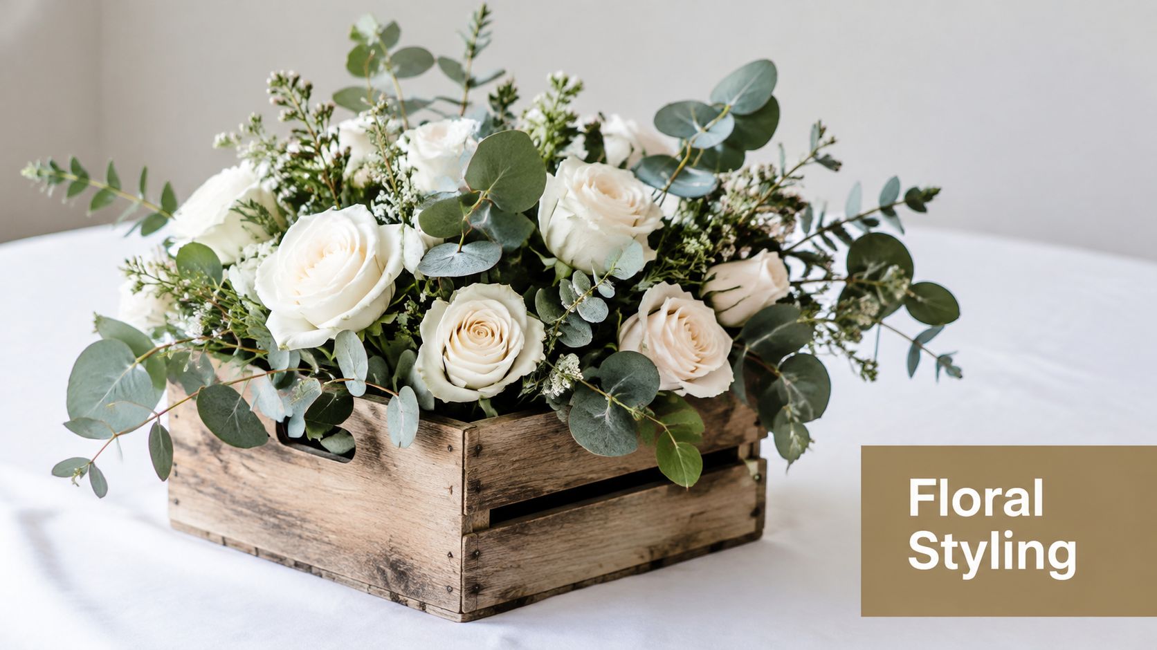 A rustic arrangement of white roses and green eucalyptus leaves inside a small wooden crate on white.