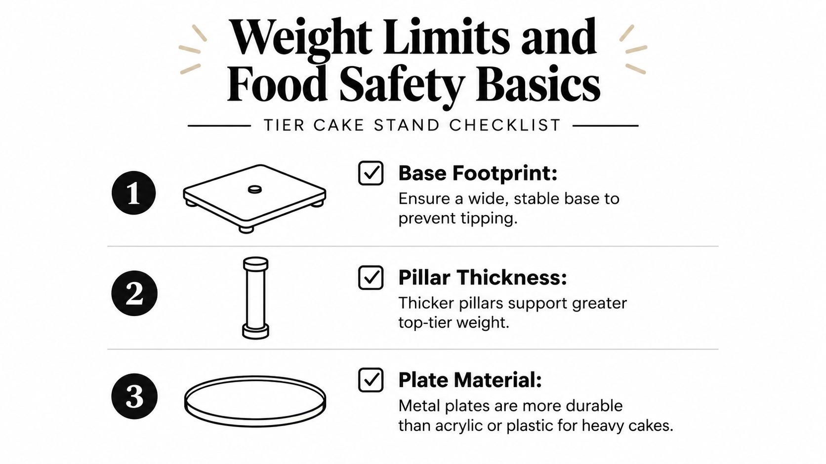 A checklist for tier cake stands highlighting the importance of base footprint, pillar thickness, and plate material.