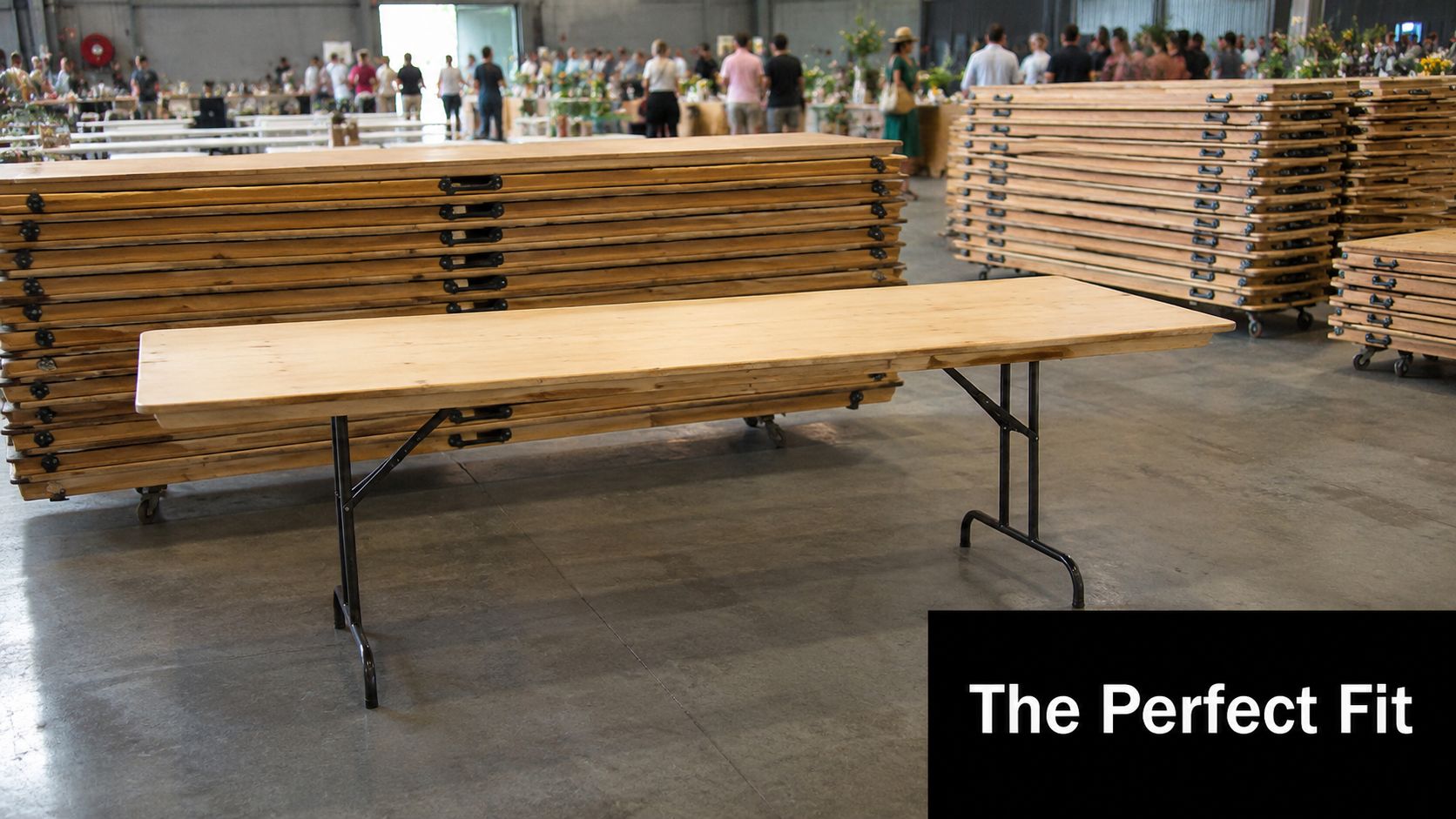 A wooden trestle table set up in a warehouse with stacks of folded tables in the background.