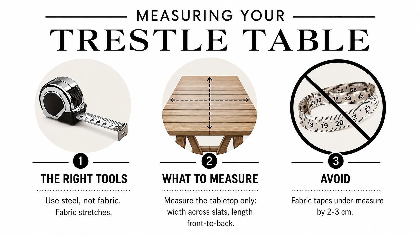 A guide on how to measure a trestle table correctly using a steel tape measure.