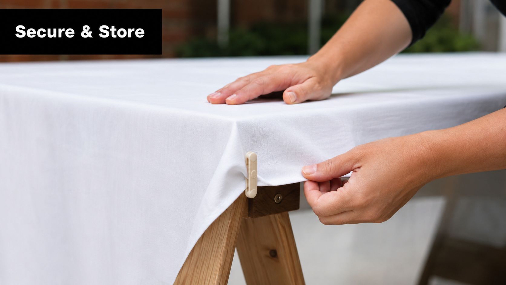 A person securing a white tablecloth onto a wooden trestle table using a small plastic clip.