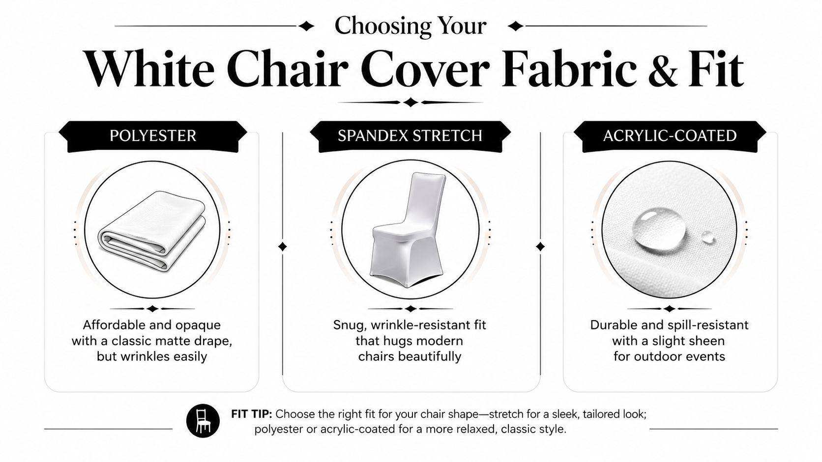 A comparison guide for choosing white chair covers made of polyester, spandex stretch, or acrylic-coated fabric.