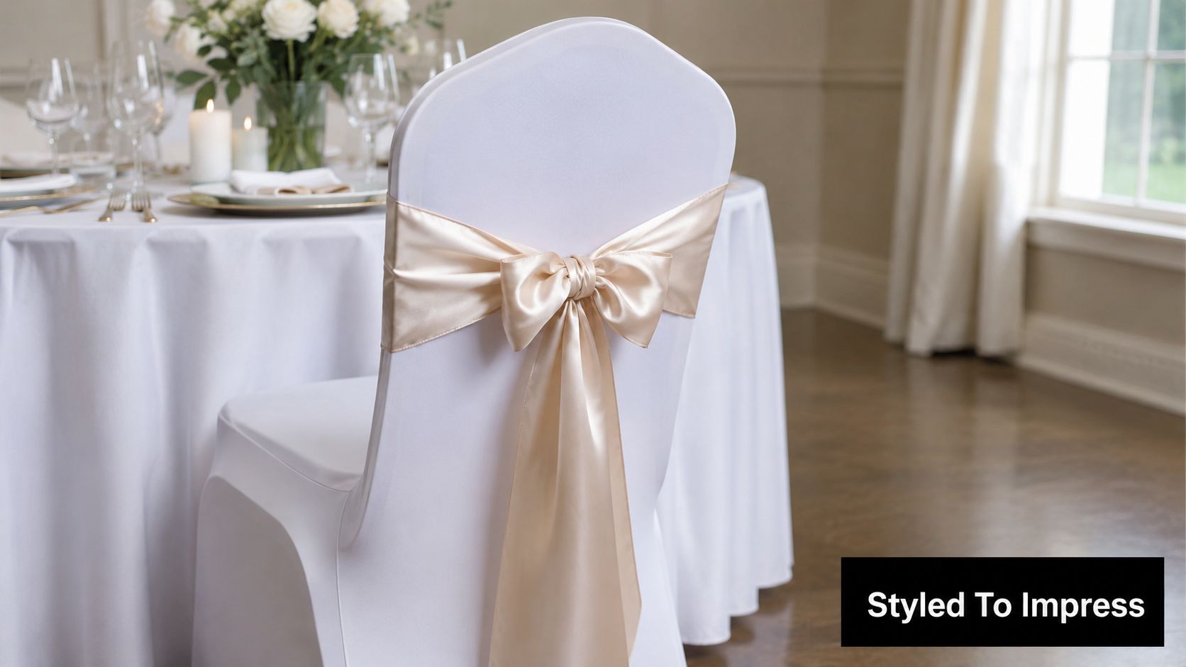A elegant white chair cover decorated with a shiny champagne-colored satin ribbon bow tied on the back.