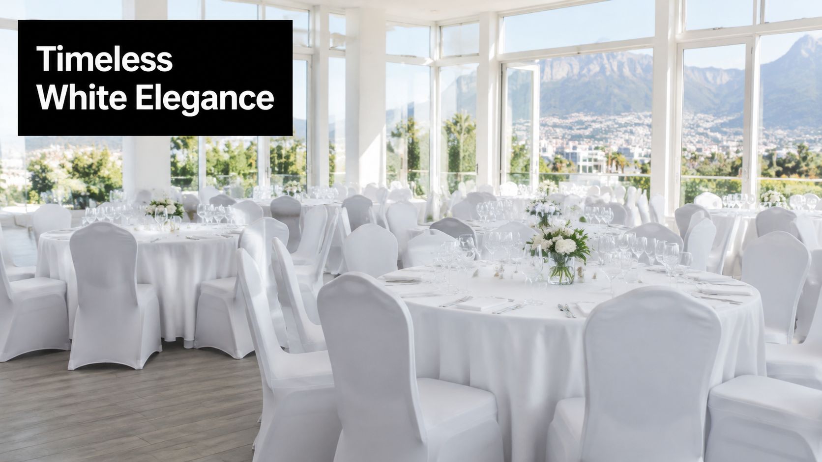 Elegant banquet hall featuring round tables with white tablecloths and chair covers for a formal wedding reception.