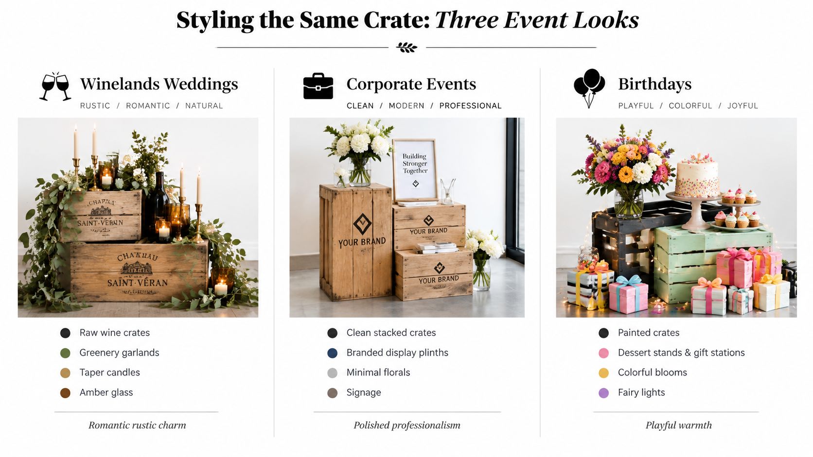 A graphic showing three ways to style wooden crates for weddings, corporate events, and birthday parties.