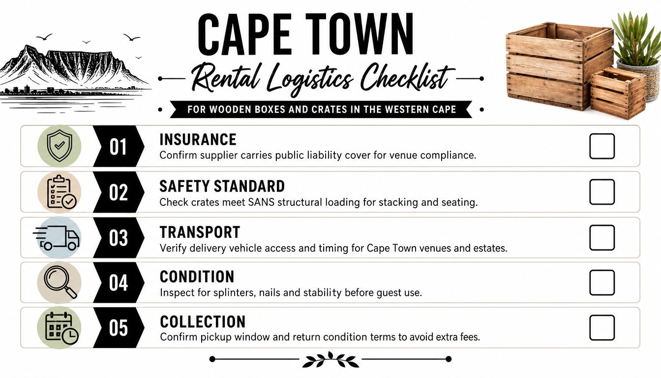 A checklist for renting wooden boxes and crates in Cape Town, including insurance, safety, transport, condition, and collection.