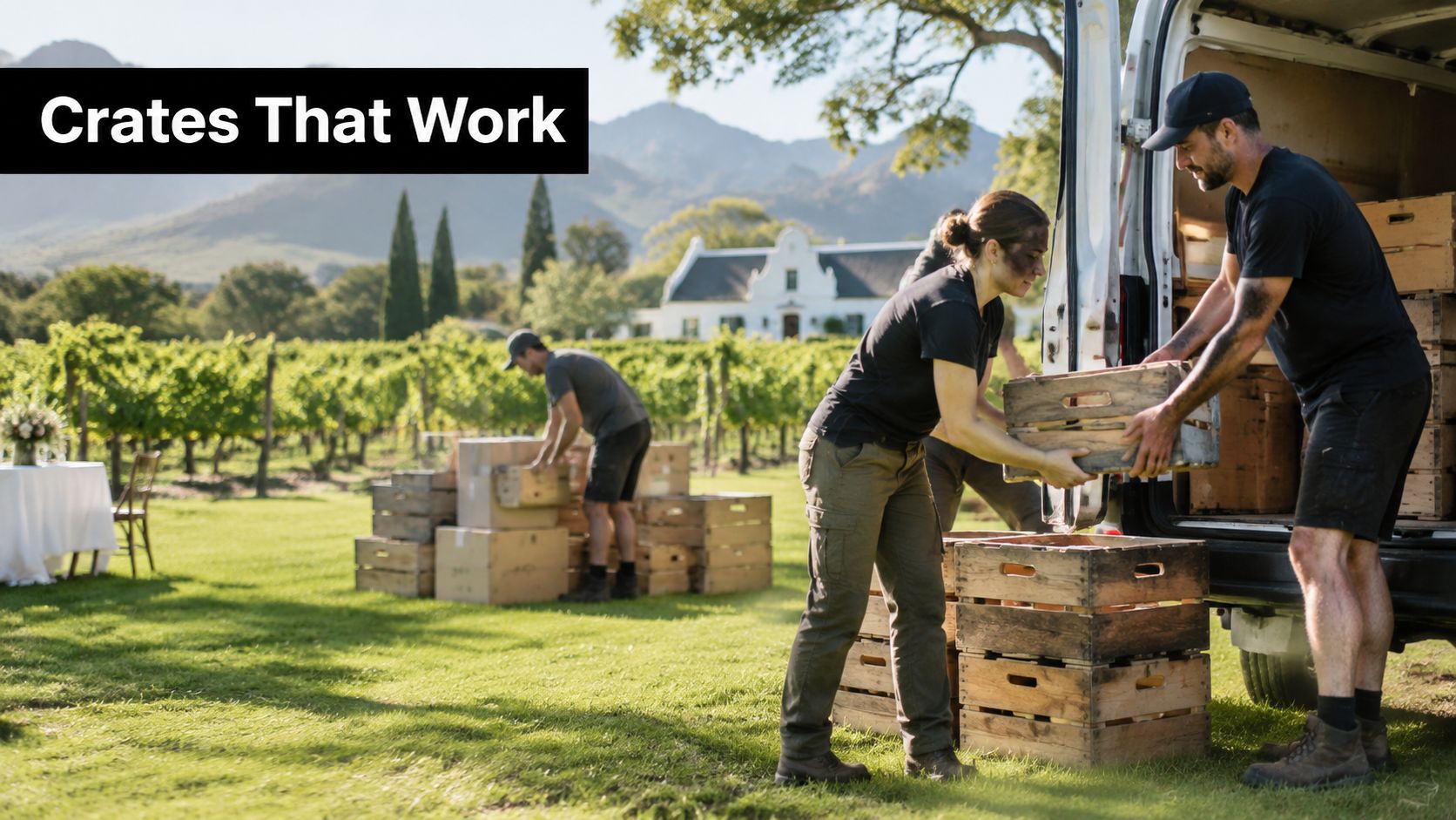 Agricultural workers in a sunny vineyard loading wooden crates into the back of a cargo van.